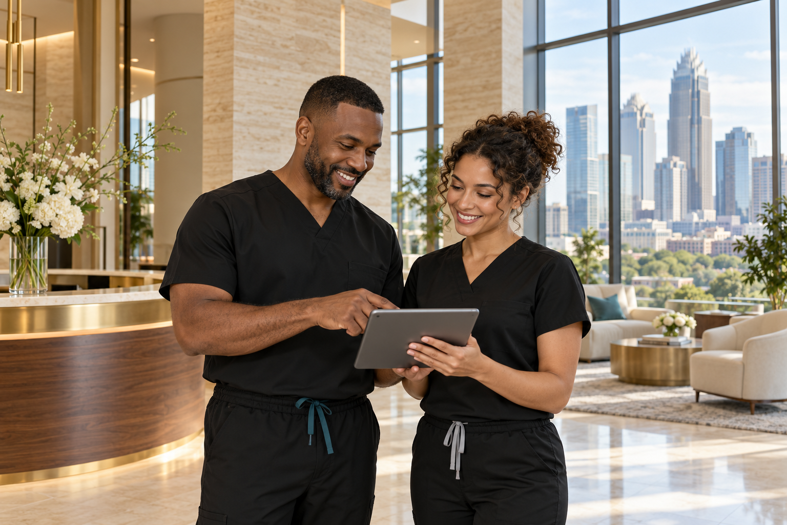 Illustrative physician and nurse in black scrubs with the Charlotte skyline beyond a luxury lobby