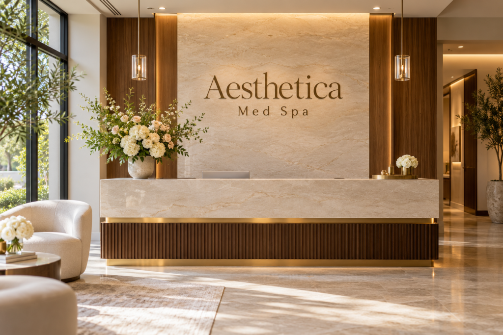 Illustrative lobby concept for Aesthetica Med Spa