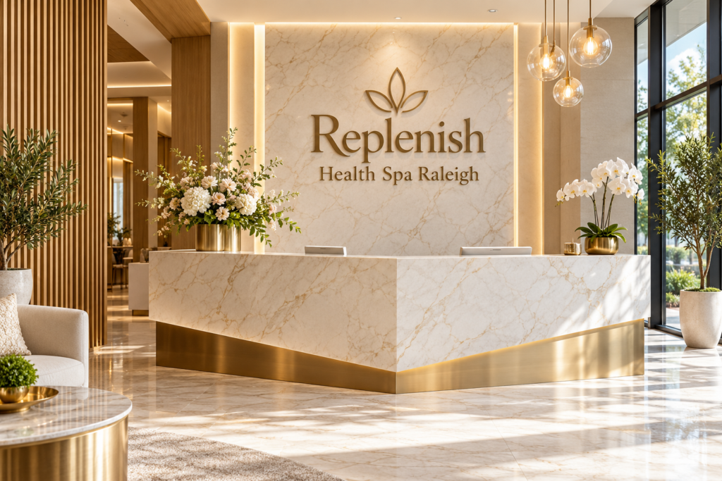 Illustrative lobby concept for Replenish Health Spa Raleigh